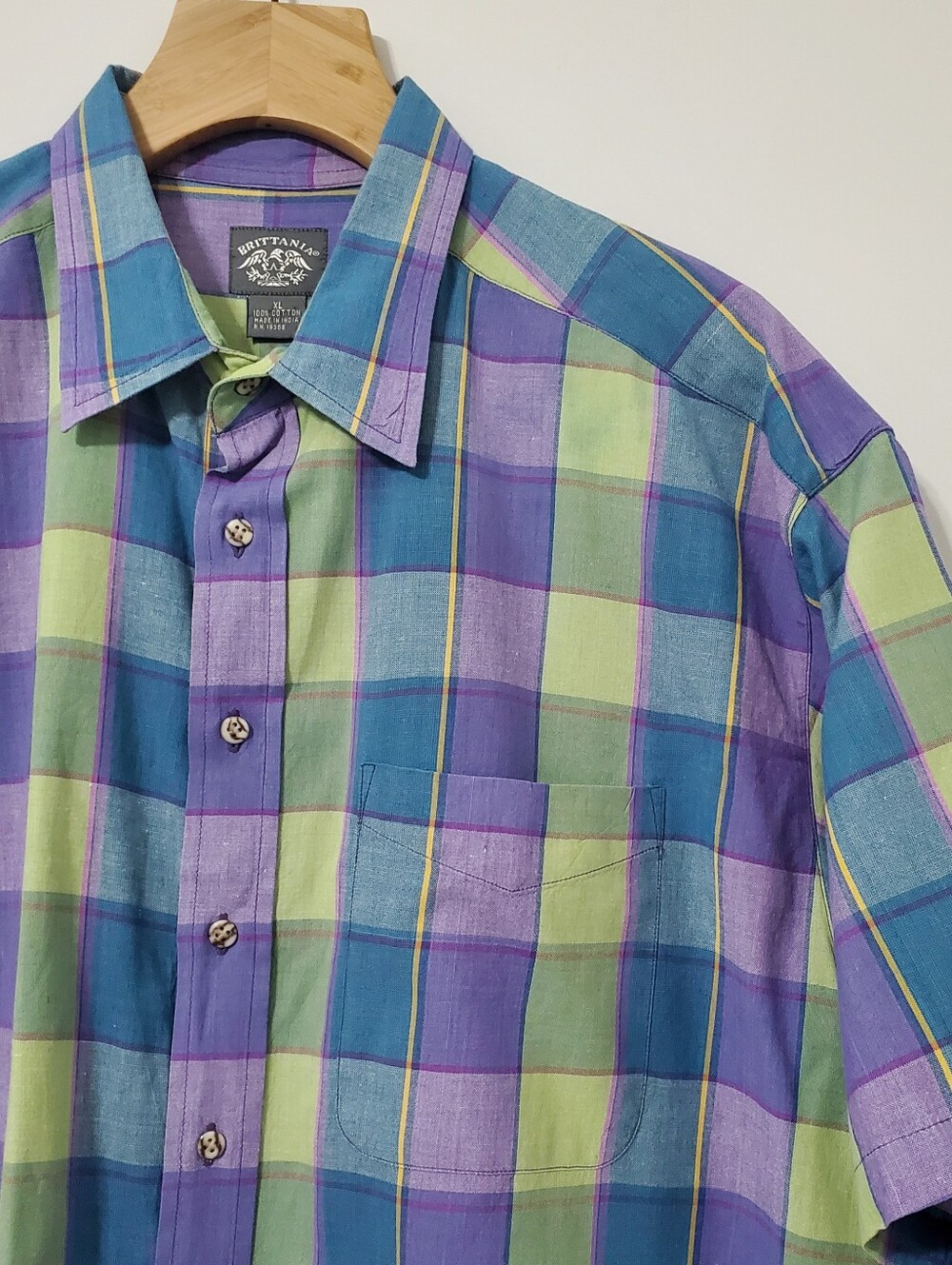 Brittania Green Purple Plaid Short Sleeve Button Down Shirt Mens XL
